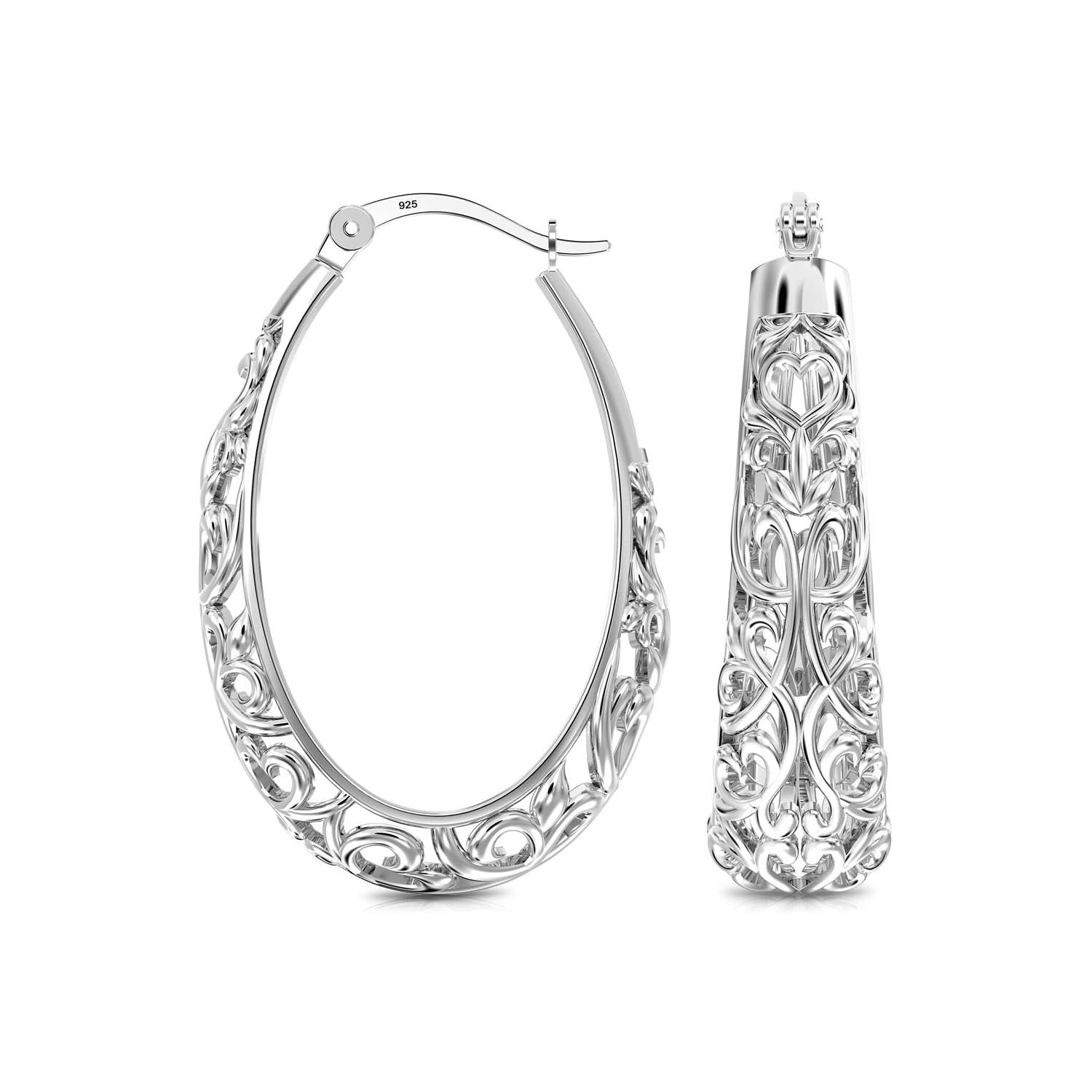 925 Sterling Silver Mesh Filigree Oval Click-Top Hoop Earrings for Women