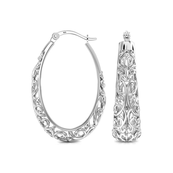 925 Sterling Silver Mesh Filigree Oval Click-Top Hoop Earrings for Women