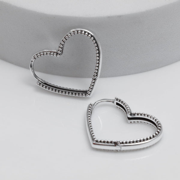 925 Steling Silver Antique Beaded Love Heart Shaped Huggie Hoop Earrings for Women