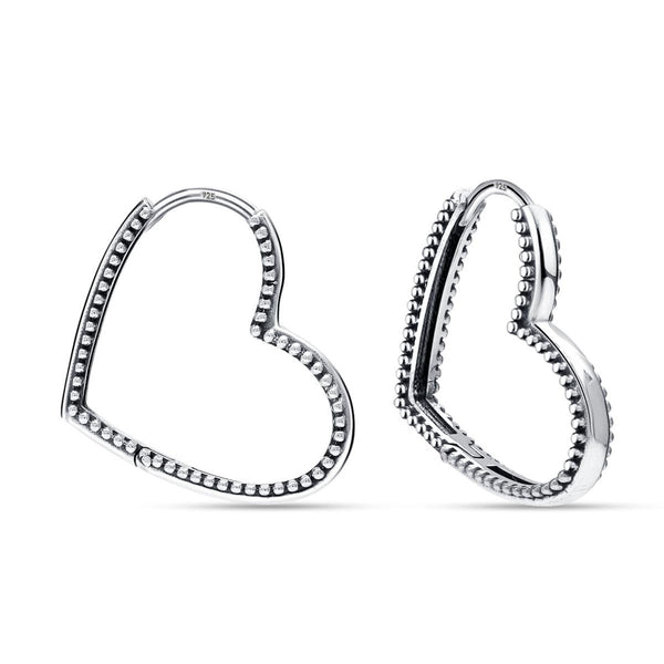 925 Steling Silver Antique Beaded Love Heart Shaped Huggie Hoop Earrings for Women