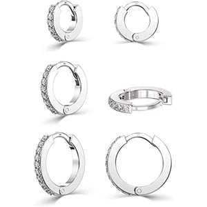 3 Pairs Stainless Steel Men Women Hoop Earrings Clip on CZ Non-Piercing, A: 3 Pairs Silver-Tone
