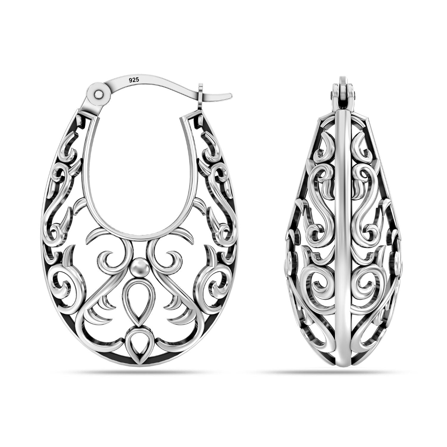 925 Sterling Silver Small Antique Oxidized Oval Mesh Filigree Hoop Earring for Women