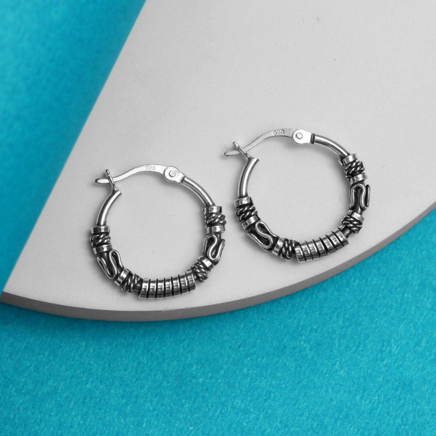 925 Sterling Silver Antique Tribal Hoop Earrings for Teen Women