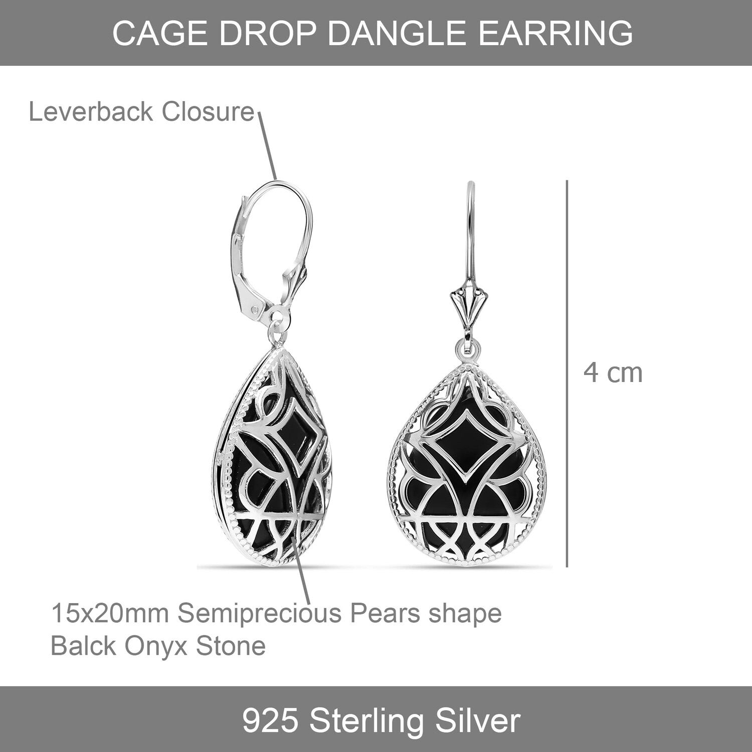 925 Sterling Silver Black Onyx Overlay Pear-Shaped Caged Leverback Drop Dangle Earrings for Women