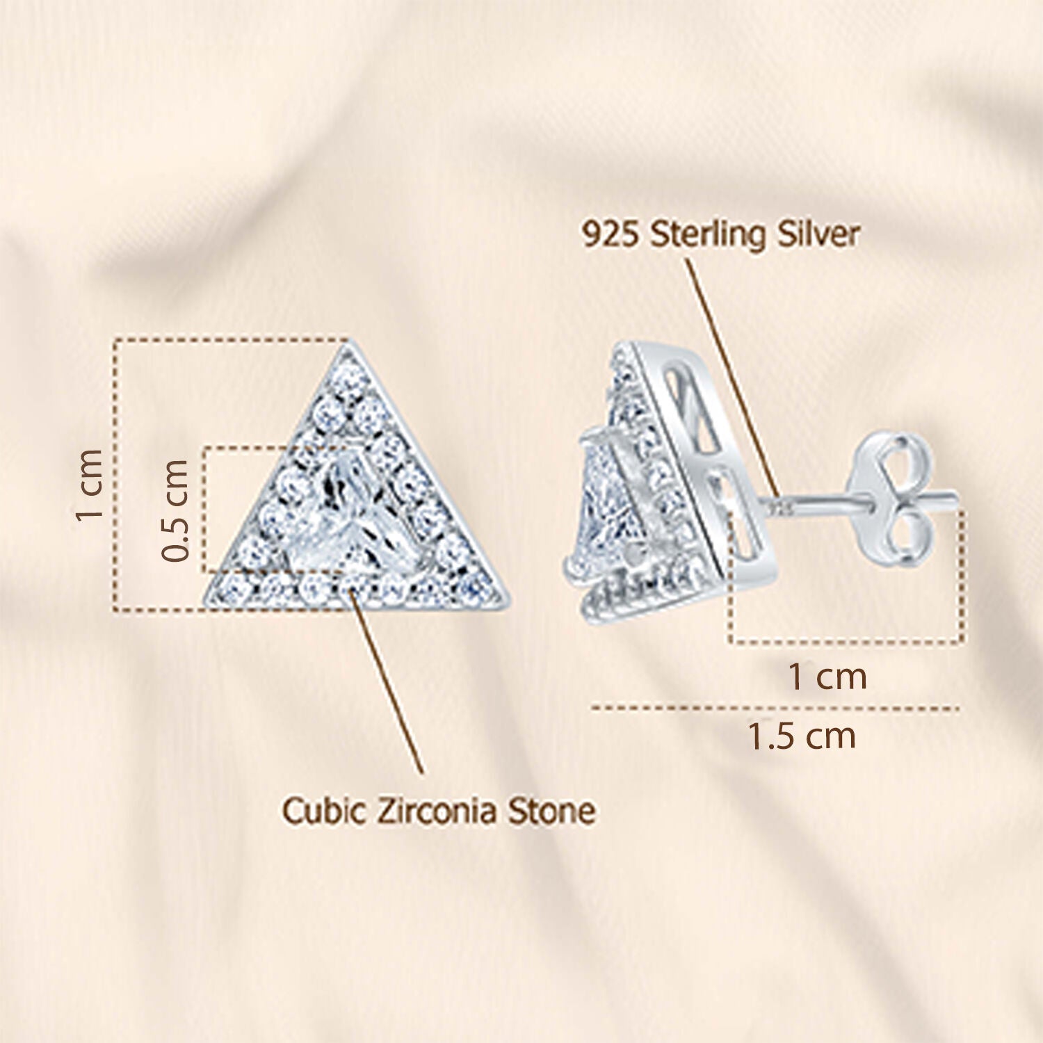 925 Sterling Silver Cubic Zirconia Sparkling White Studded Triangular Stud Earrings for Women