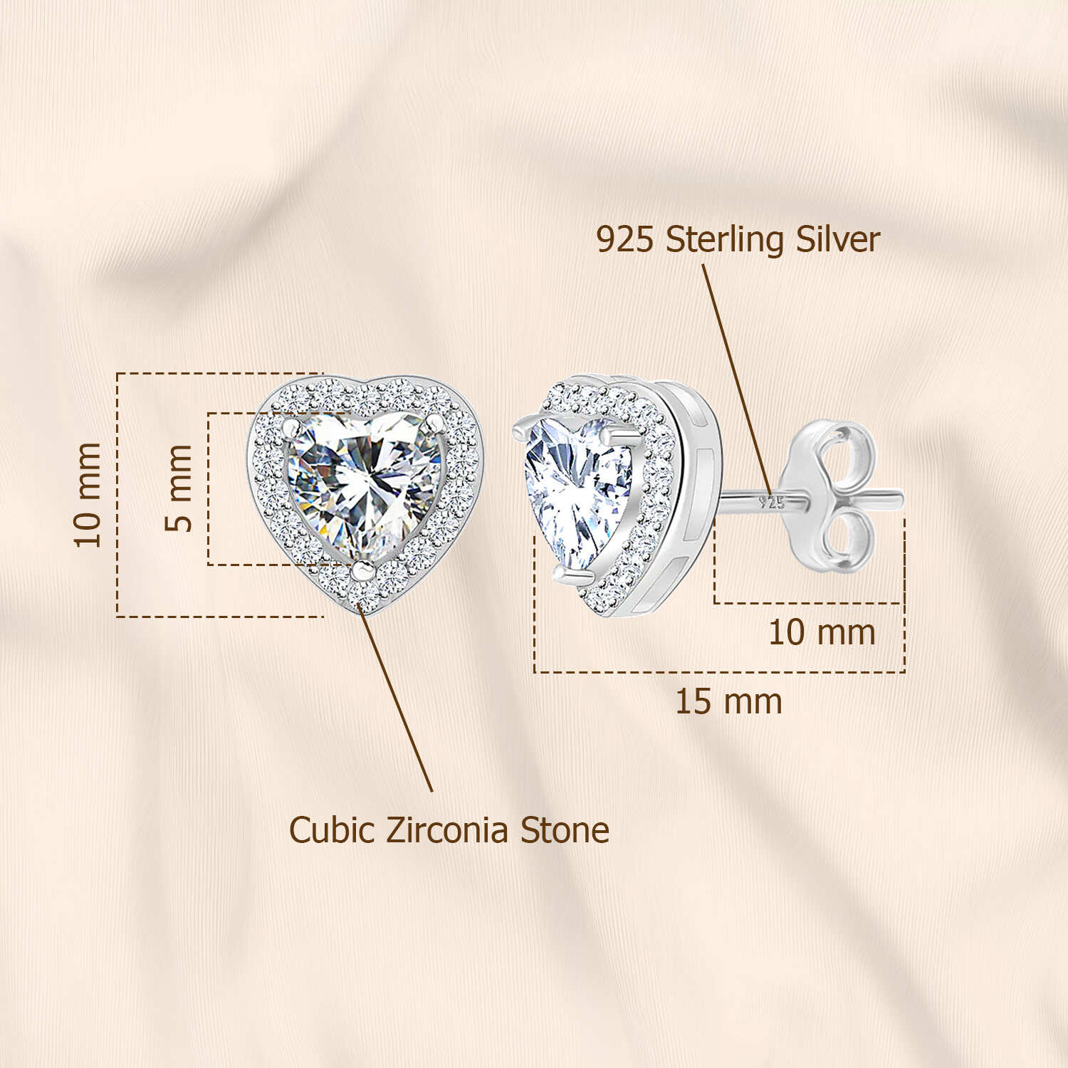 925 Sterling Silver Cubic Zirconia Sparkling Heart Shape Stud Earrings for Women