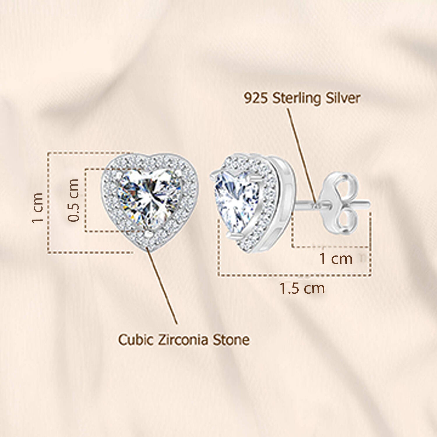 925 Sterling Silver Cubic Zirconia Sparkling Heart Shape Stud Earrings for Women