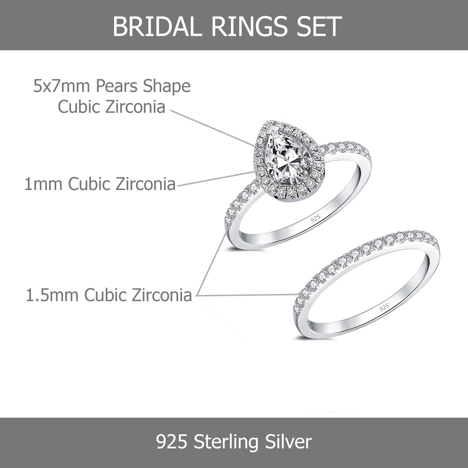 925 Sterling Silver Bridal Sets Zirconia Engagements Wedding Bands Finger Ring for Women