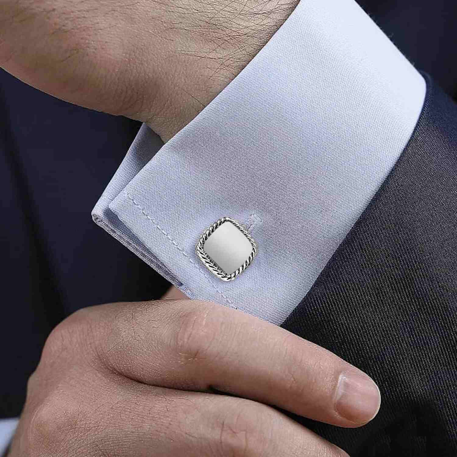 925 Sterling Silver Rope Border Engraved Square Shape Cufflinks for Men