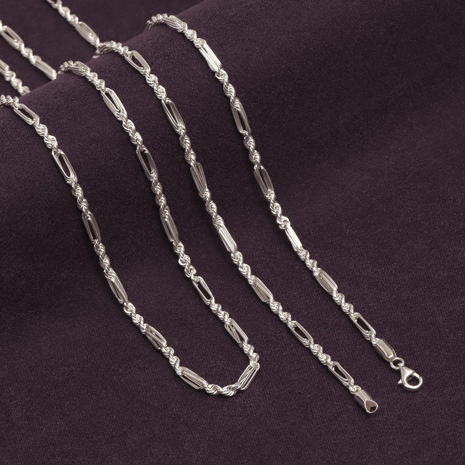 925 Sterling Silver Figarope Chain Italian Diamond-Cut Handmade Milano Figaro Rope Chain Necklace for Men and Women