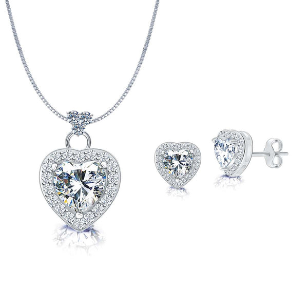 925 Sterling Silver CZ Jewelry Set Heart Shape Pendant Necklace and Stud Earrings for Women