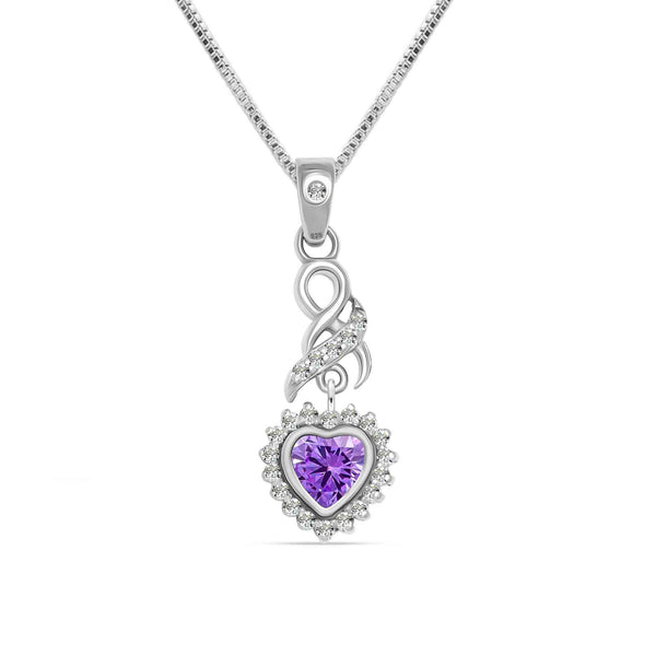 925 Sterling Silver Heart Cut CZ Amethyst Stone Pendant Necklace for Women and Girls