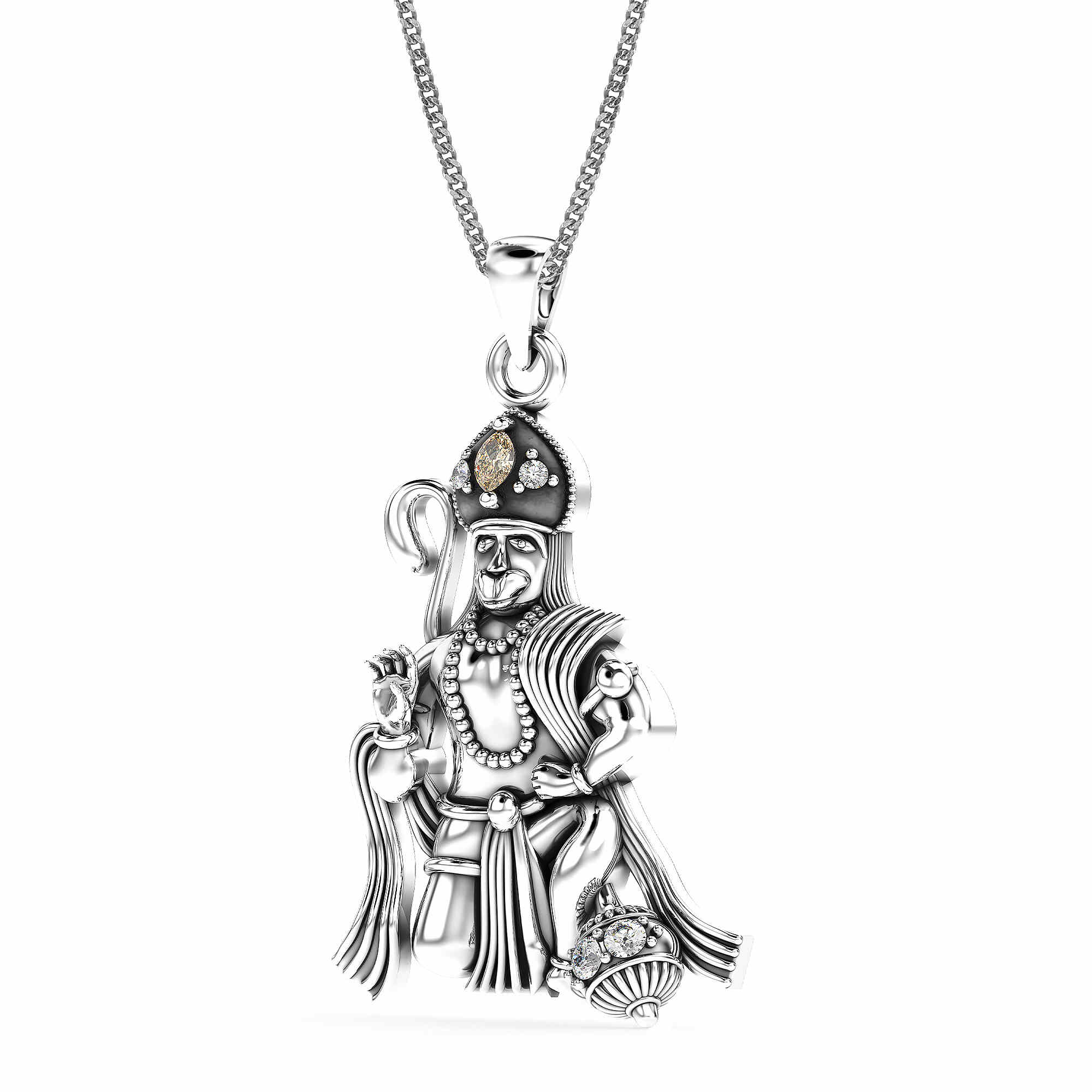 925 Sterling Silver CZ Antique Lord Hanuman Pendant Necklace for Men and Boy