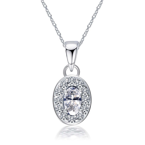 925 Sterling Silver Halo Cubic Zirconia Diamond like Brilliance Sparkling Oval Shape Pendant Necklace for Women