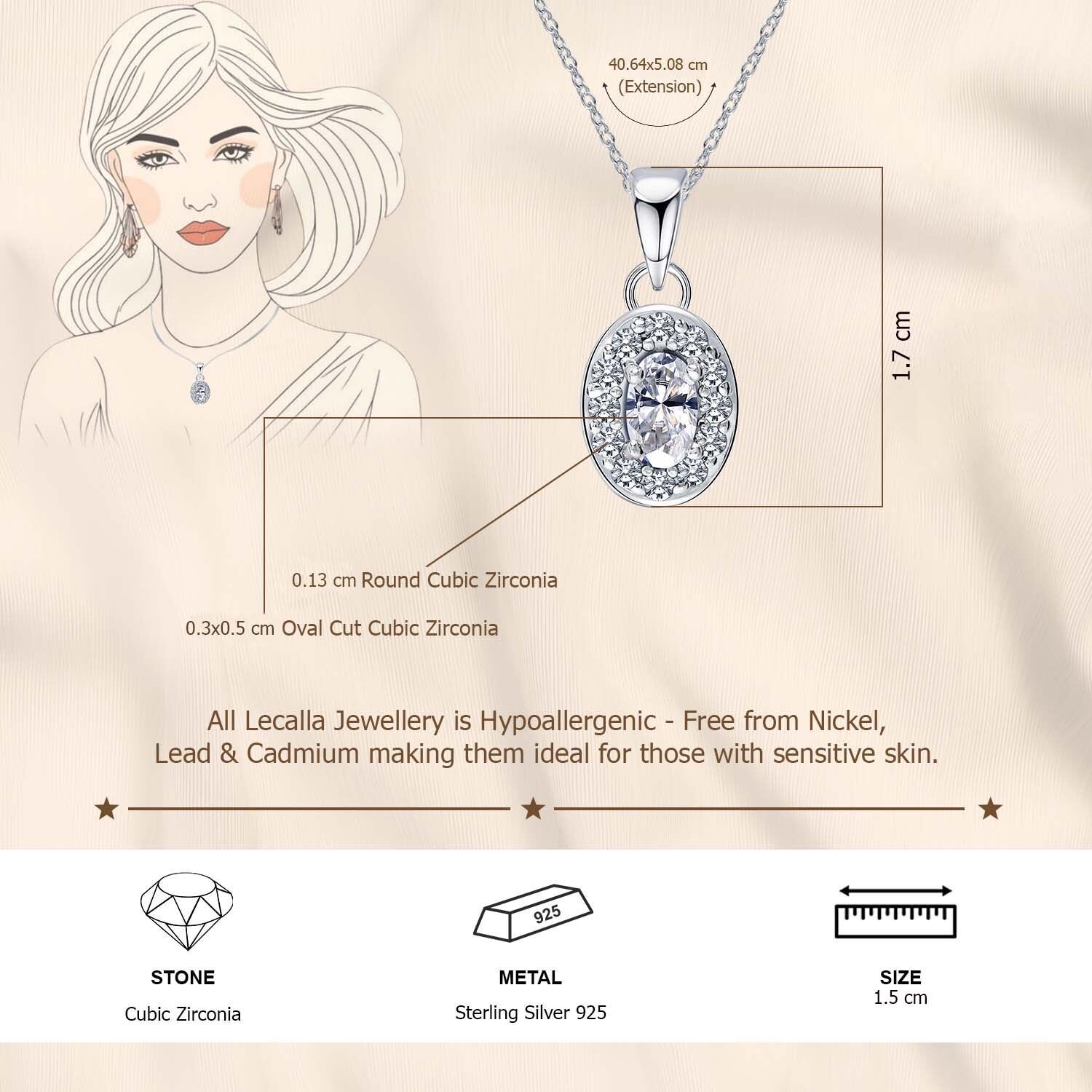 925 Sterling Silver Halo Cubic Zirconia Diamond like Brilliance Sparkling Oval Shape Pendant Necklace for Women