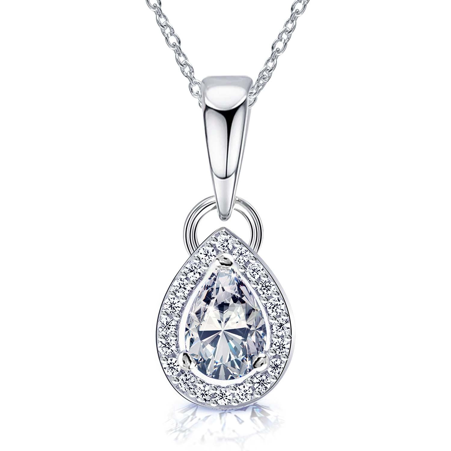 925 Sterling Silver Halo Cubic Zirconia Diamond like Brilliance Sparkling Pear Shape Pendant Necklace for Women