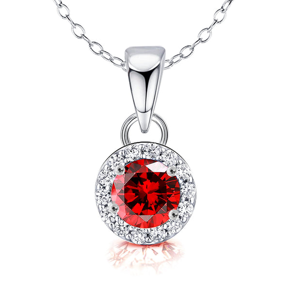 925 Sterling Silver Halo Cubic Zirconia Diamond like Brilliance Sparkling Red Garnet Pendant Necklace for Women