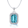 925 Sterling Silver Halo Cubic Zirconia Aquamarine Diamond like Brilliance Sparkling Pendant Necklace for Women