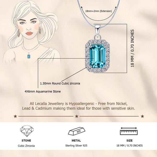 925 Sterling Silver Halo Cubic Zirconia Aquamarine Diamond like Brilliance Sparkling Pendant Necklace for Women