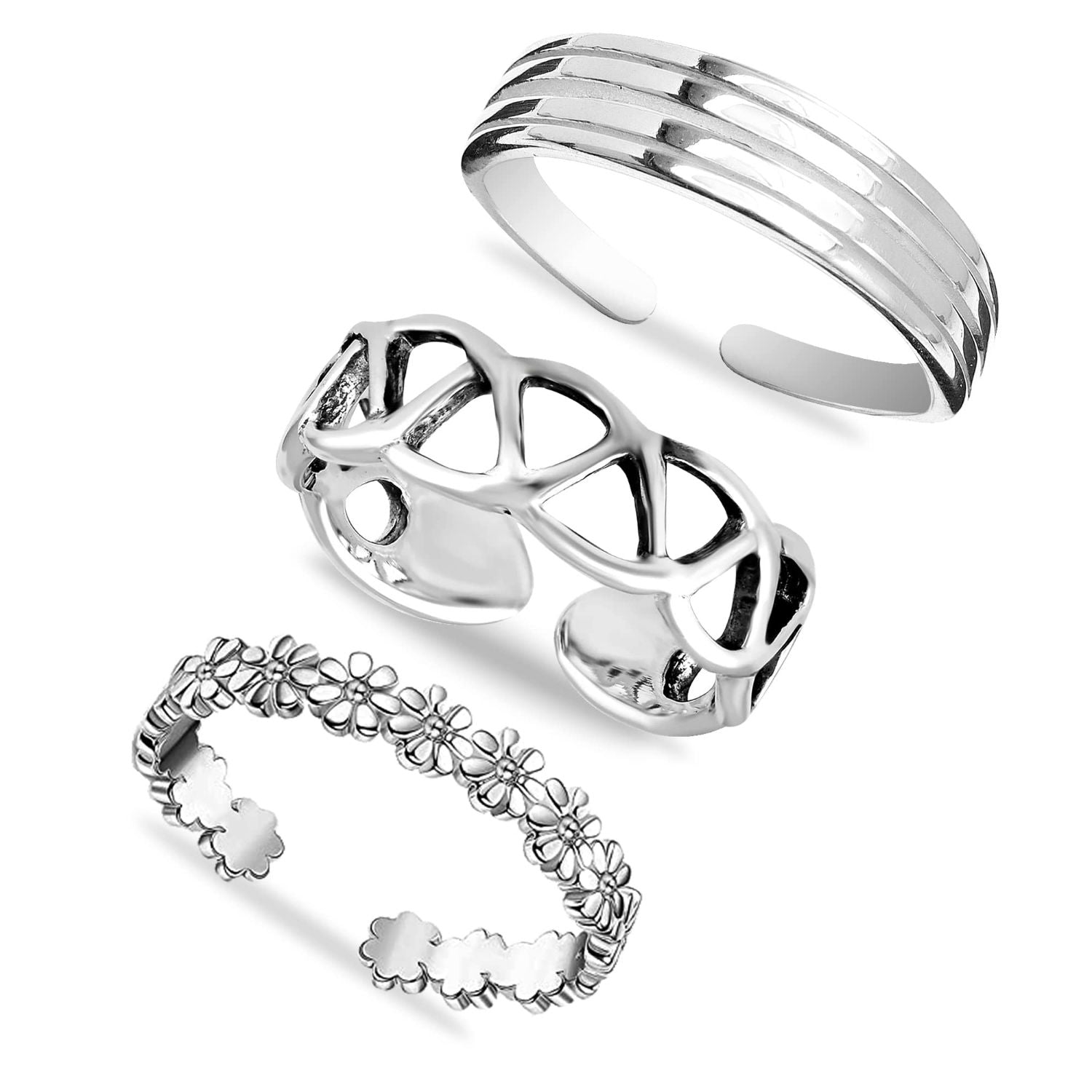 925 Sterling Silver Cutwork Flower Design Hawaiian Leaf Open Adjustable Band Toe Rings for Women Set of 3 Pcs