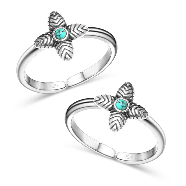 925 Sterling Silver Open Adjustable Turquoise Floral Toe Ring For Women