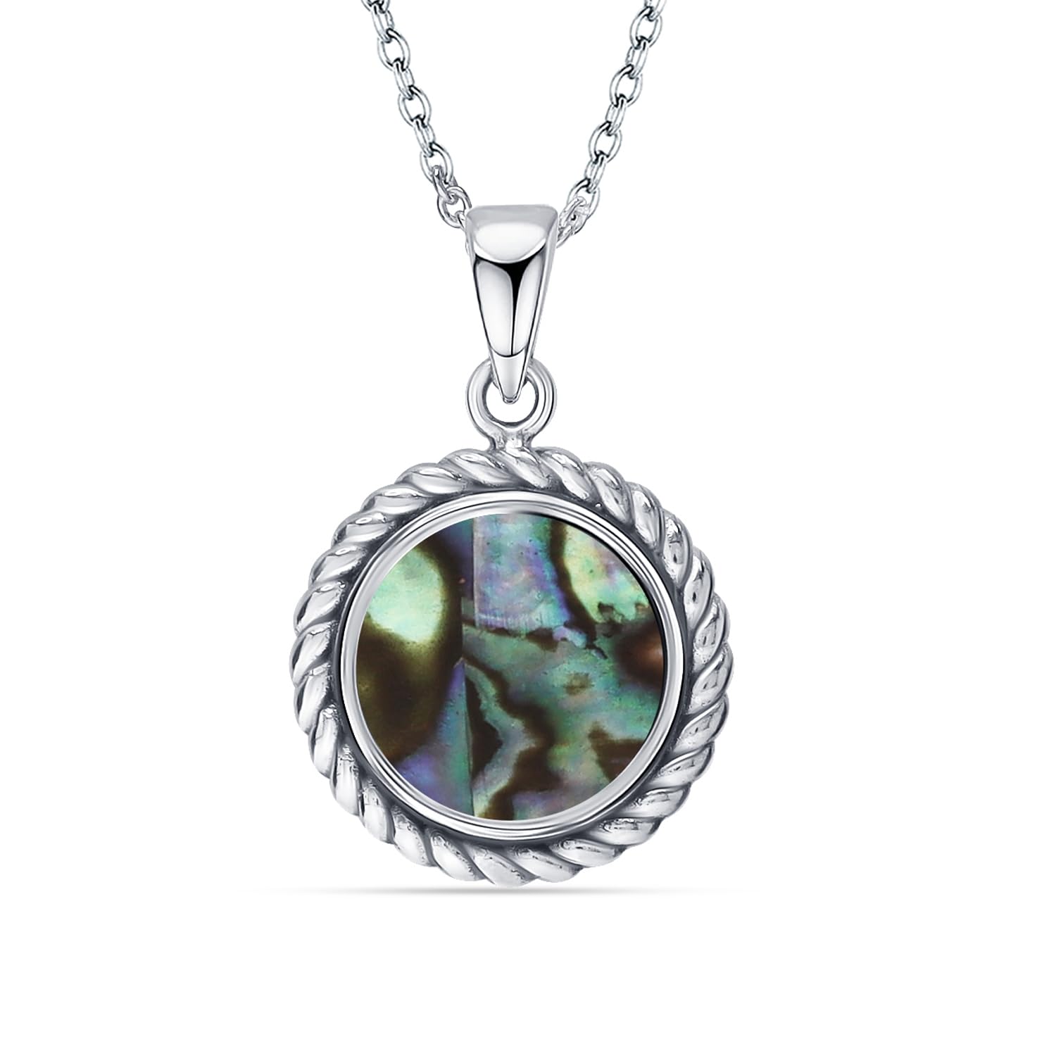 925 Sterling Silver Round Abalone Shell Pendant Necklace for Women