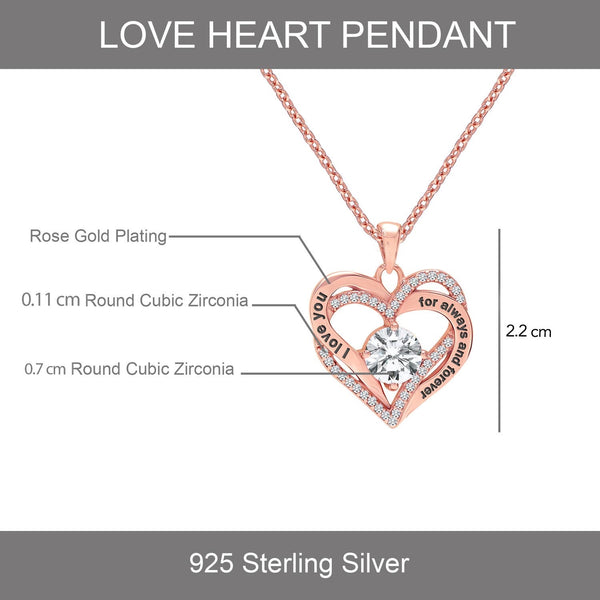 925 Sterling Silver Rose Gold-Plated I Love You Always and Forever CZ Heart Pendant Necklace for Teen Women