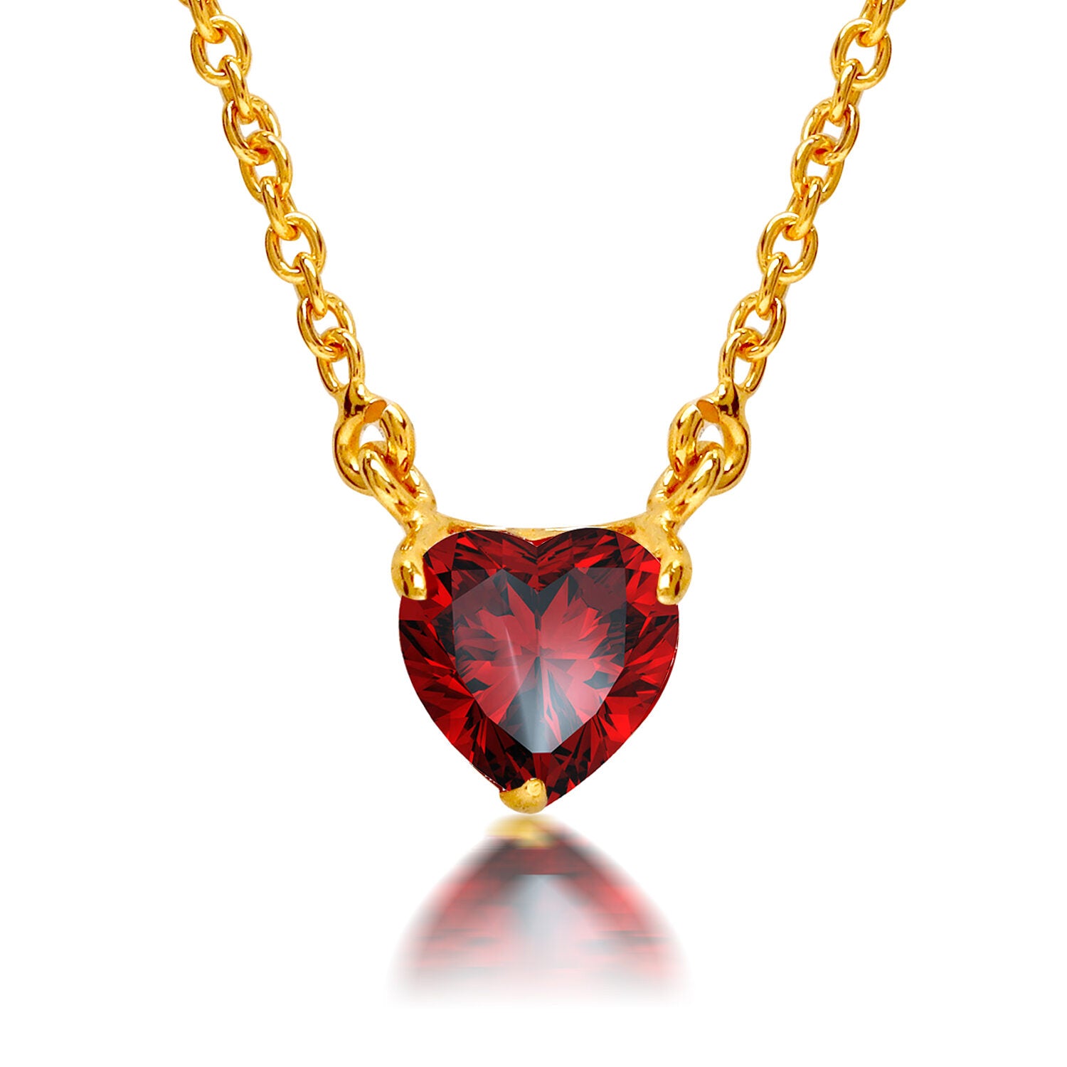 925 Sterling Silver Gold Plated Cubic Zirconia Diamond-Like Sparkling Red Garnet Heart Elegant Pendant Necklace for Women