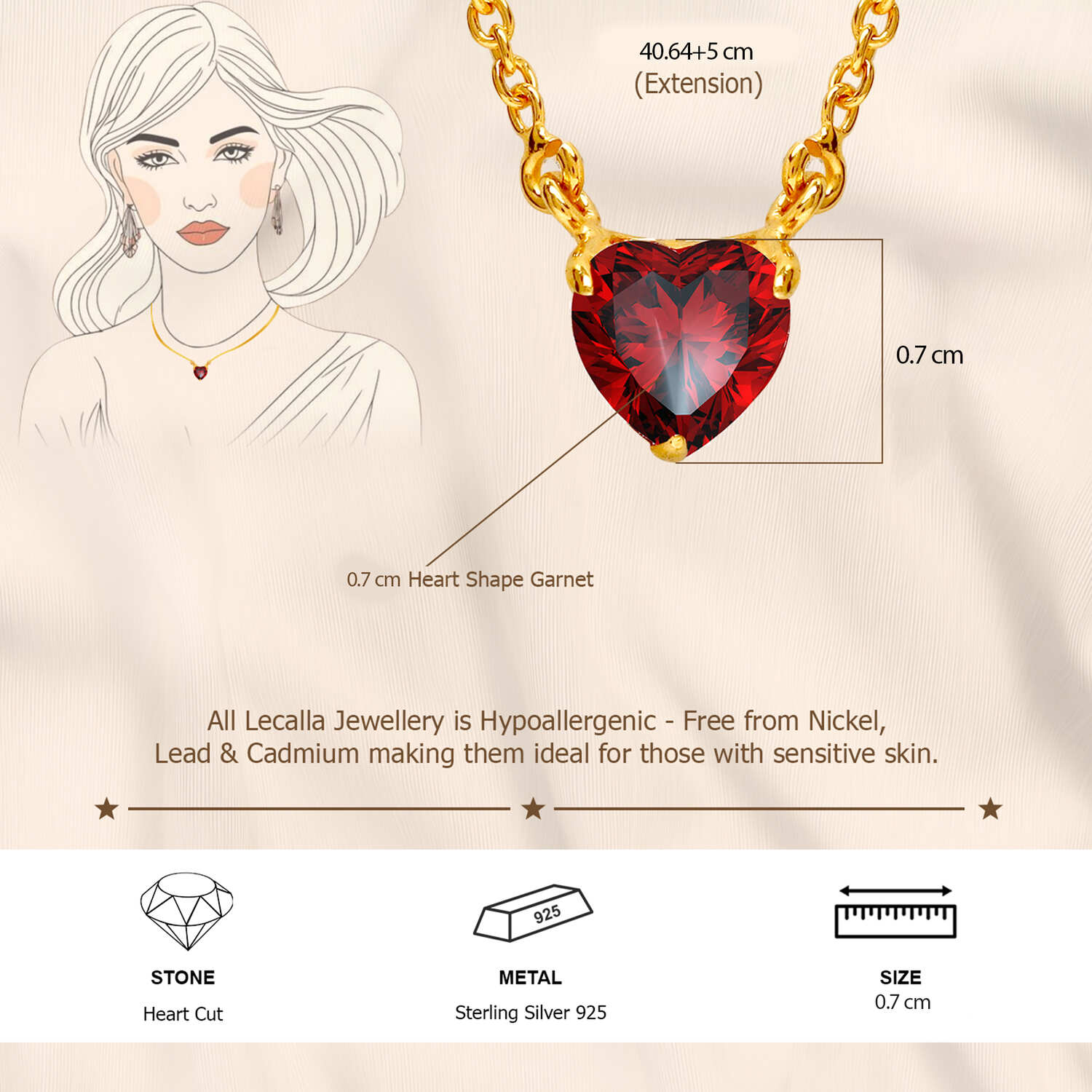 925 Sterling Silver Gold Plated Cubic Zirconia Diamond-Like Sparkling Red Garnet Heart Elegant Pendant Necklace for Women