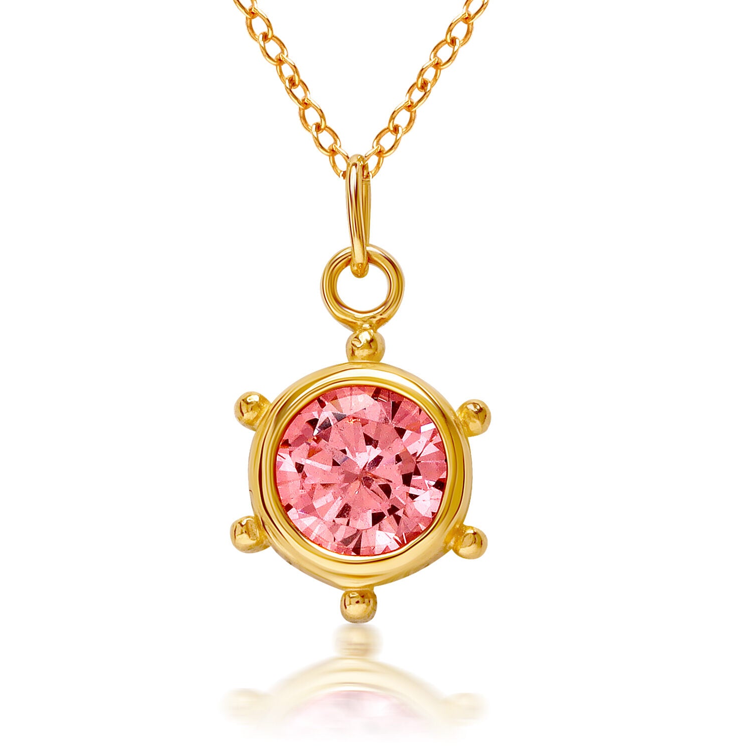 925 Sterling Silver Gold Plated Pink Cubic Zirconia Diamond-Like Sparkling Ship wheel Elegant Pendant Necklace for Women