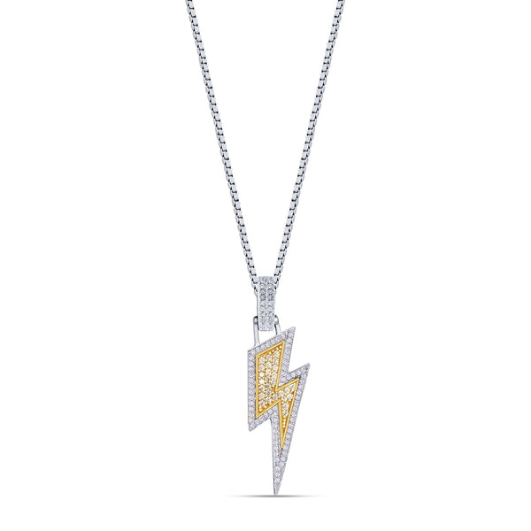 925 Sterling Silver 14K Gold-Plated Iced Flash Thunder Pendant Necklace for Men