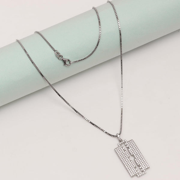 925 Sterling Silver Cubic Zirconia Razor Blade Pendant Necklace for Men