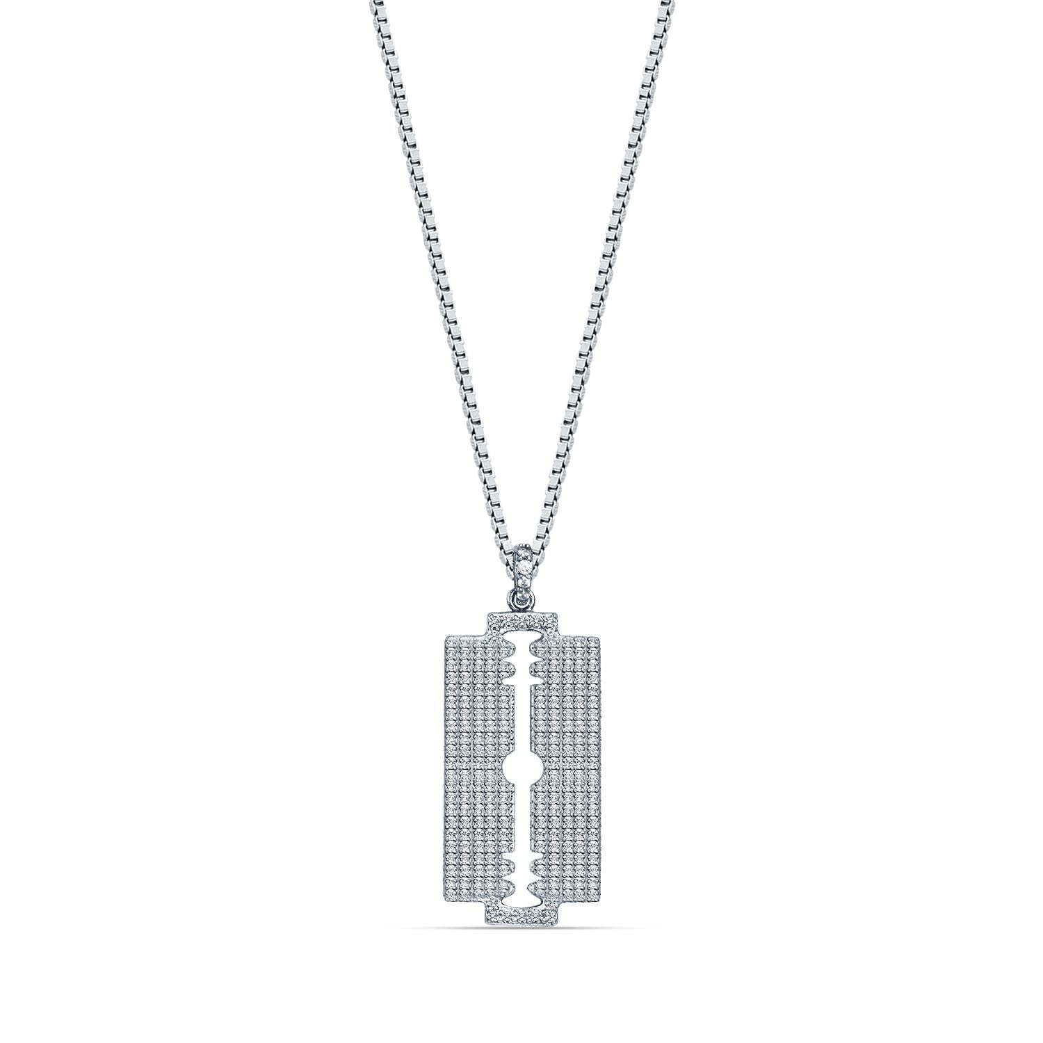 925 Sterling Silver Cubic Zirconia Razor Blade Pendant Necklace for Men