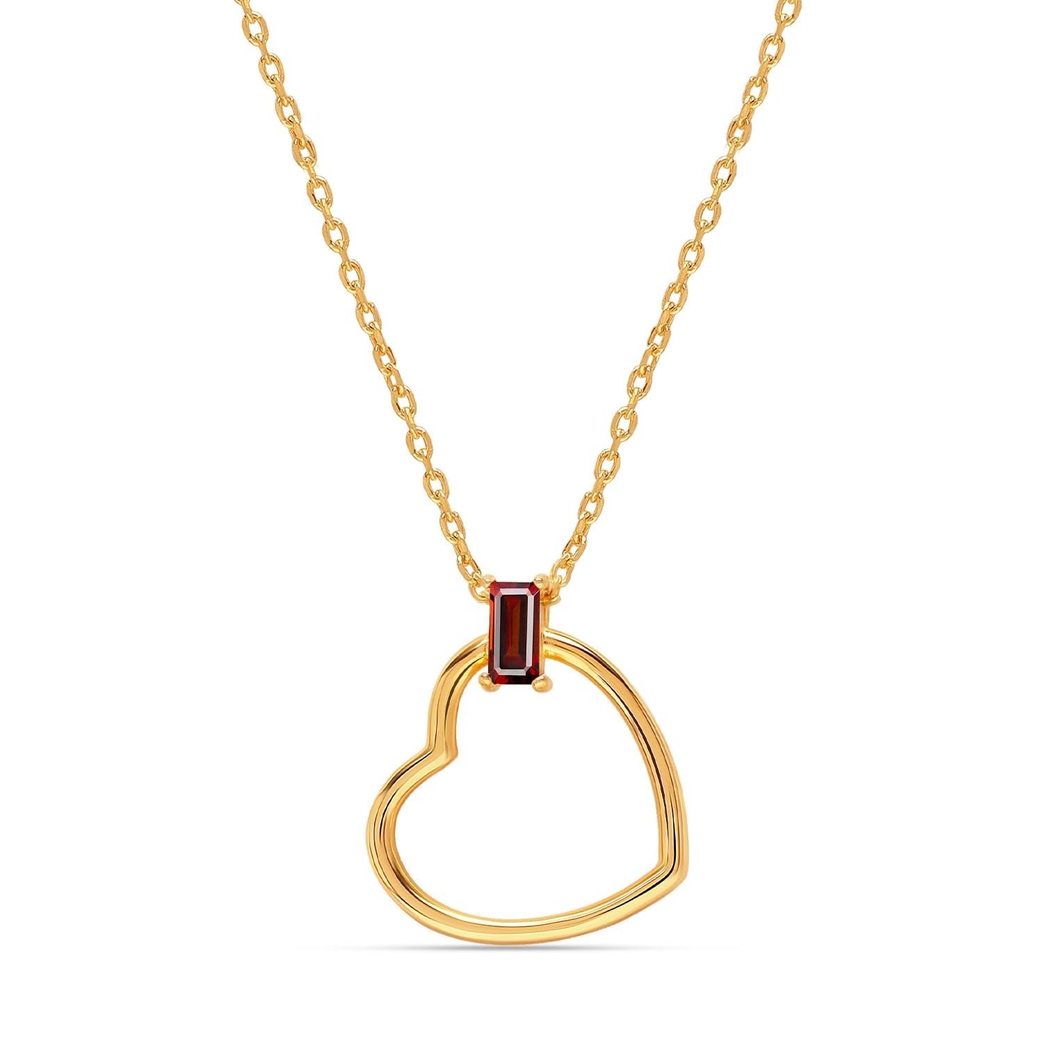 925 Sterling Silver 14K Gold Plated Red Garnet Gemstone Open Heart Chain Pendant Necklace for Women