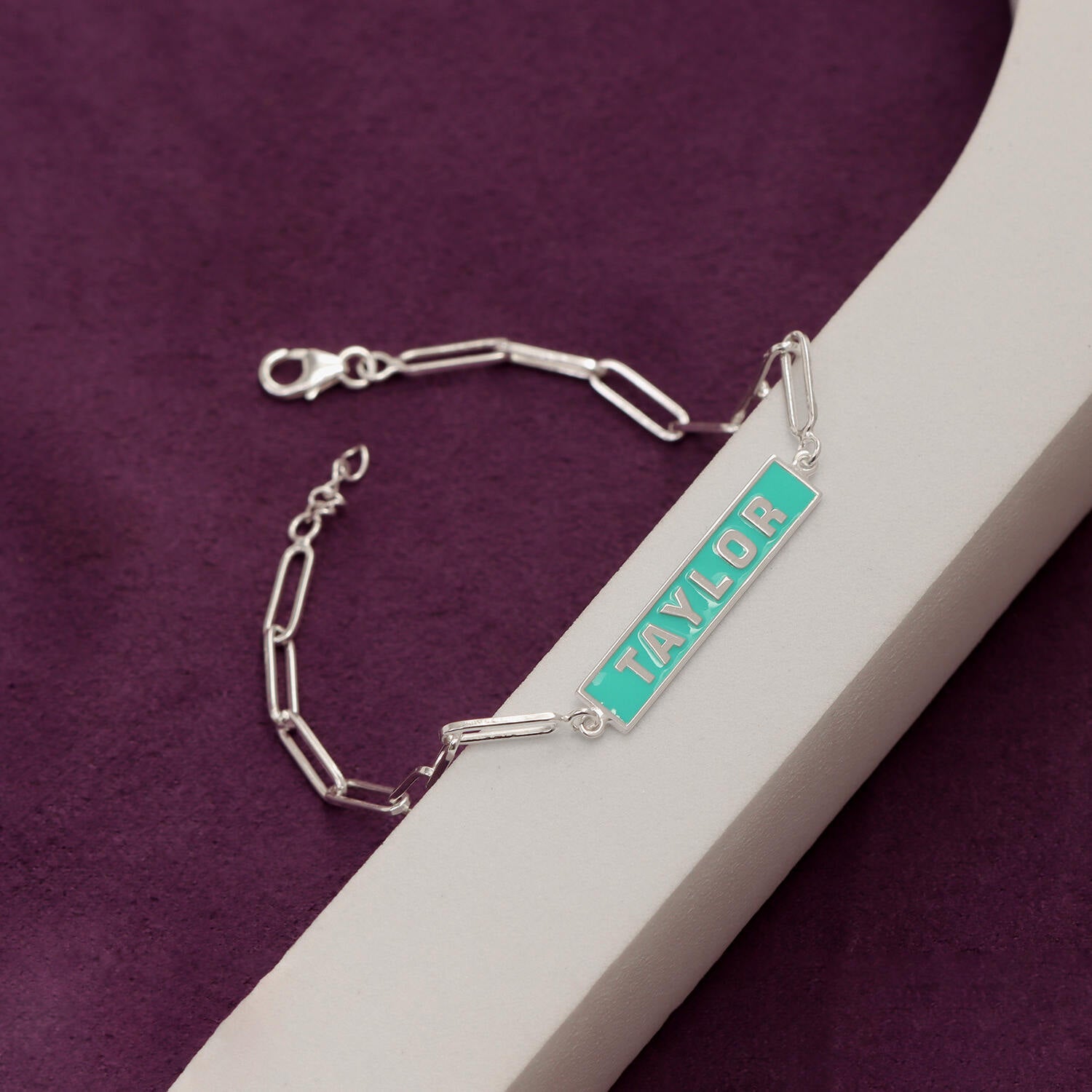 Personalised 925 Sterling Silver ID Engraved Enamel Bar Paperclip Chain Bracelet for Women