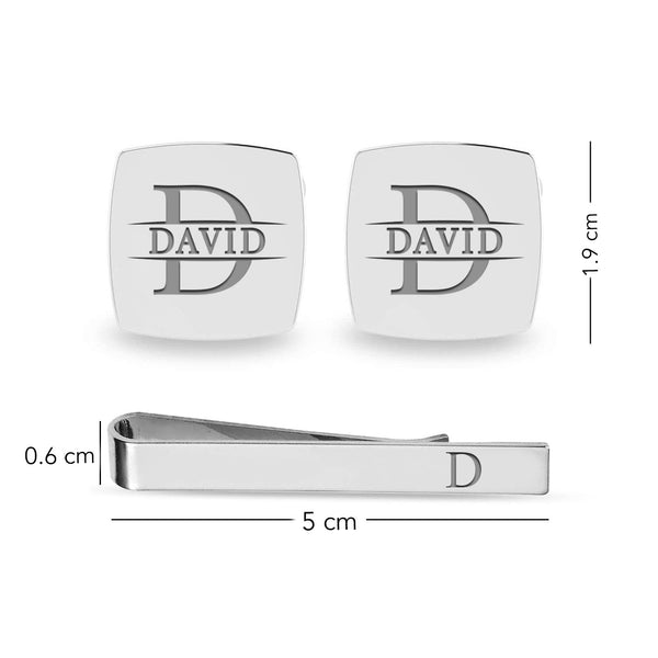 Personalised 925 Sterling Silver Engraved Initial or Name Designer Square Cufflinks and Tie Clip Set Collection Ideal Men and Boys