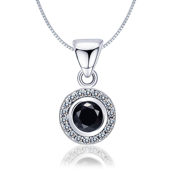 925 Sterling Silver Cubic Zirconia Diamond like Brilliance Sparkling Black Elegance Round Shape Pendant Necklace for Women