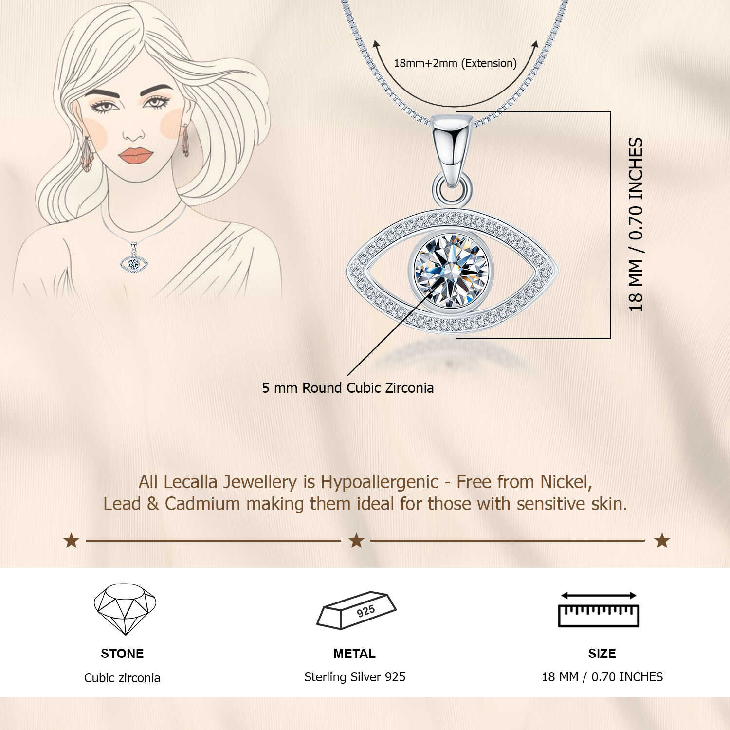 925 Sterling Silver Cubic Zirconia Eye Diamond like Brilliance Sparkling Pendant Necklace for Women