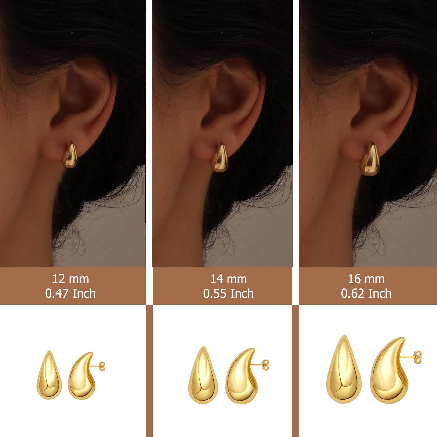 925 Sterling Silver 14K Gold-Plated Chunky Hollow Water Drop Pear Shape Stud Earrings for Women