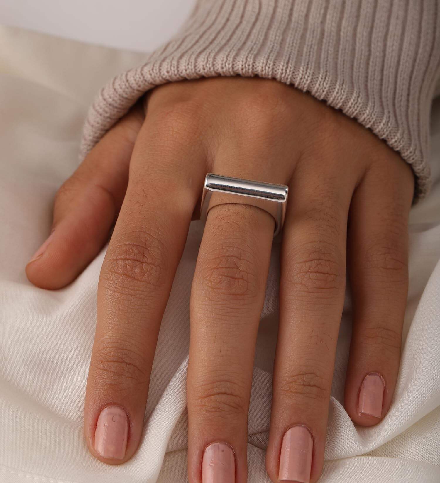 925 Sterling Silver Simple Plain Bar Signet Style Finger Ring for Women