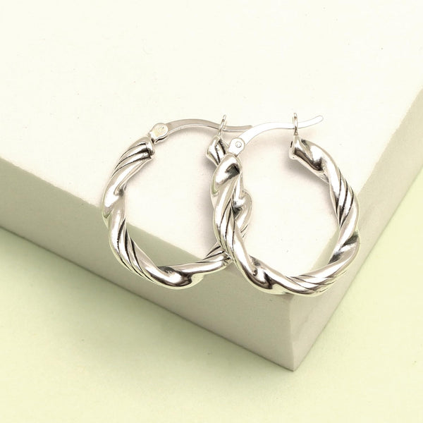 925 Sterling Silver Twisted Textured Round Shape Click-Top Hoop Earrings for Women