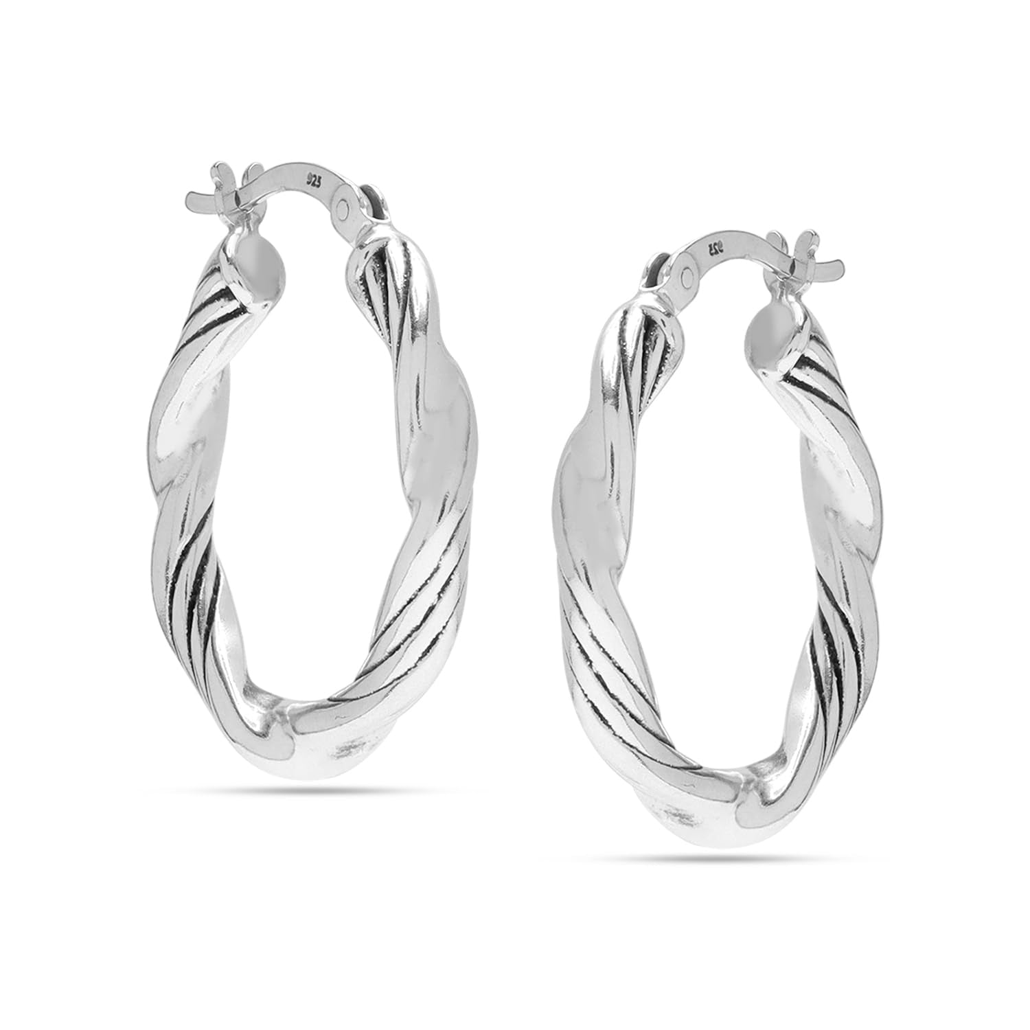 925 Sterling Silver Twisted Textured Round Shape Click-Top Hoop Earrings for Women