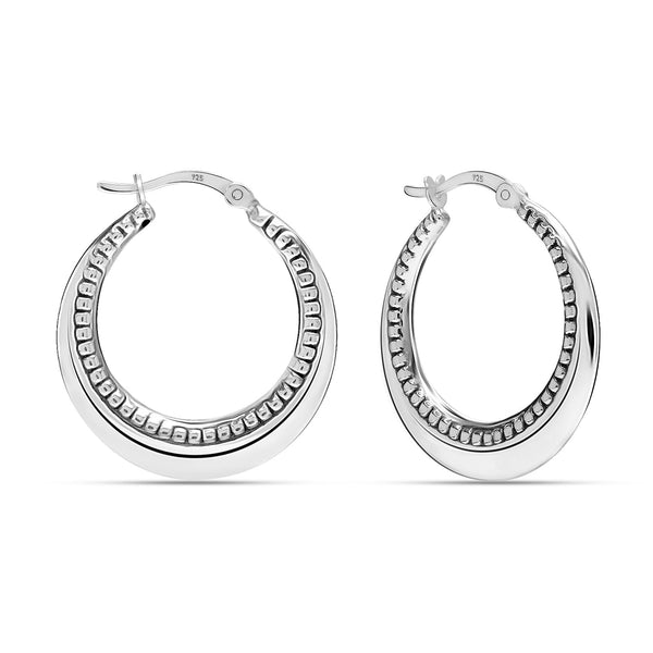 925 Sterling Silver Antique Textured Ribbed Creole Round Shape Hoop Earrings for Women