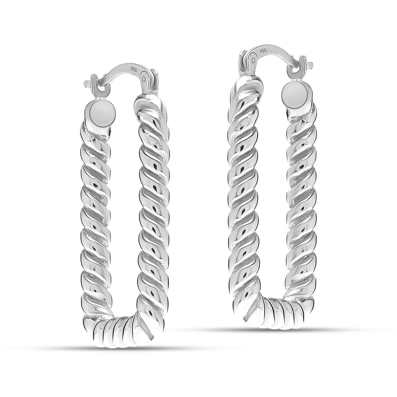 925 Sterling Silver Twisted Textured Rectangle U-Shape Click-Top Hoop Earrings for Women