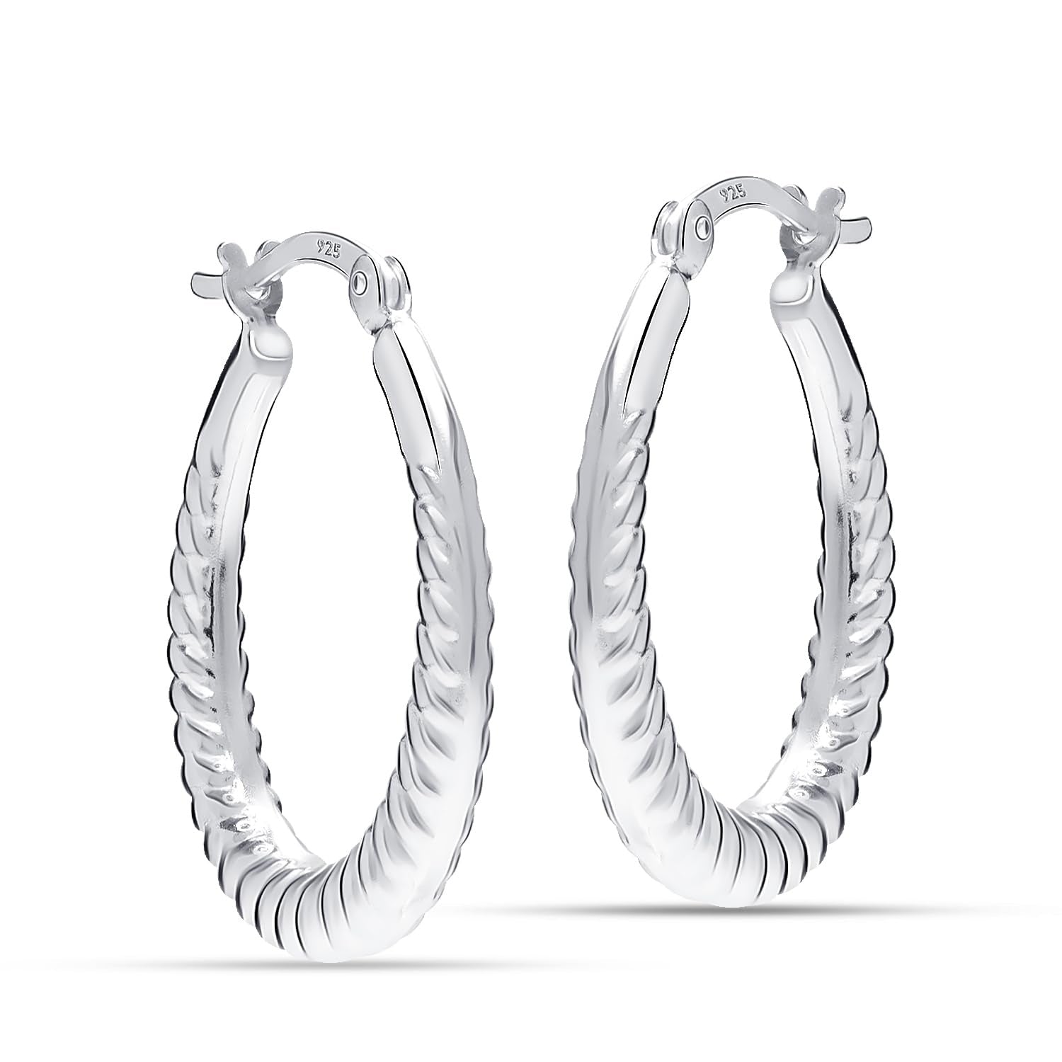 925 Sterling Silver Classic Round Shaped Textured Click-Top Hoop Earrings for Women