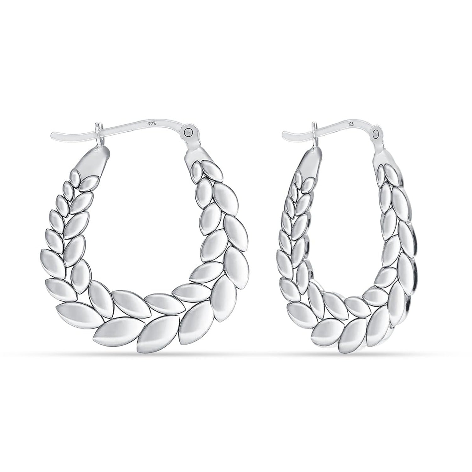 925 Sterling Silver Leaf Olive Leaves Branch Click-Top Hoop Earrings for Women