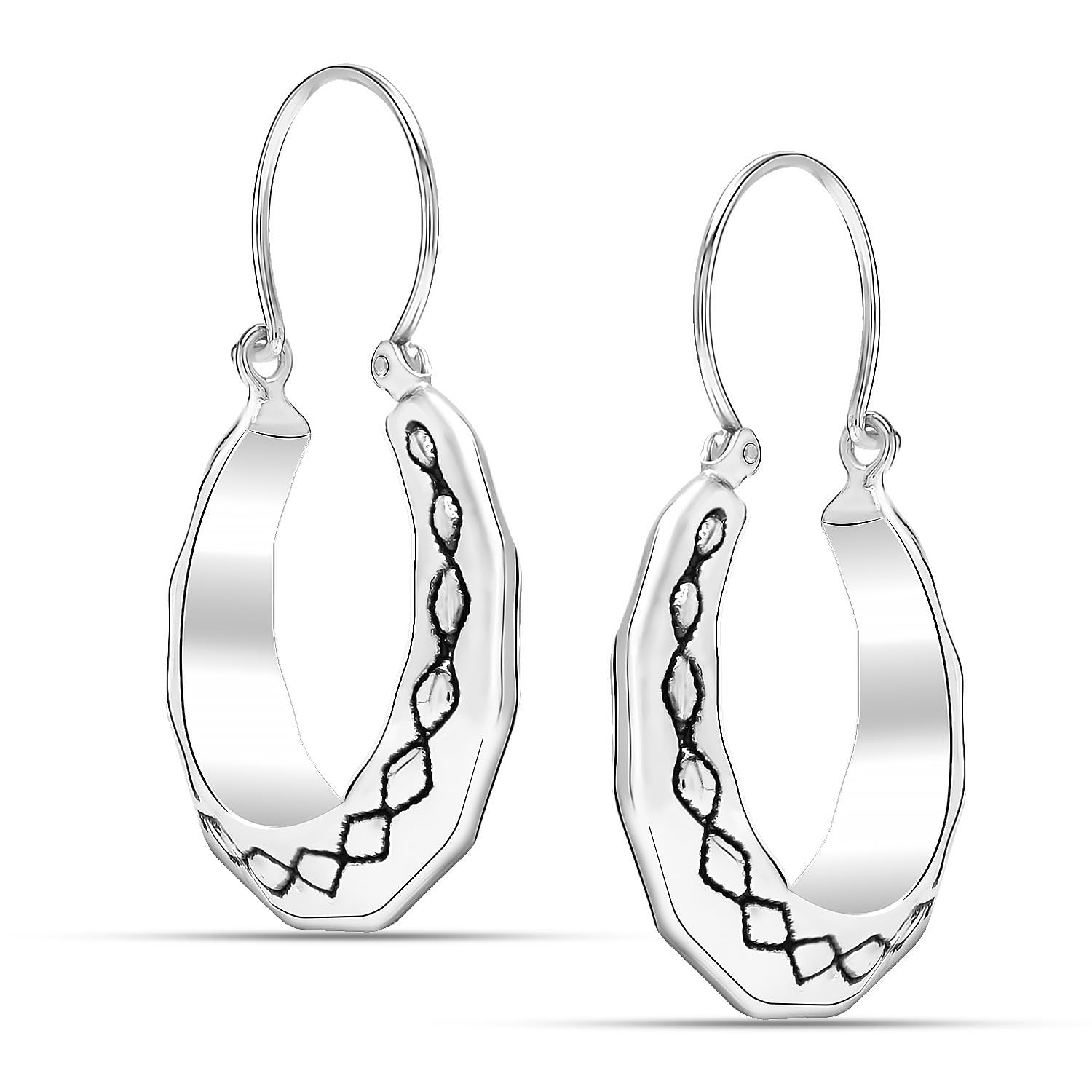 925 Steling Silver Textured Bali Inspired Click-Top Hoop Earrings for Women