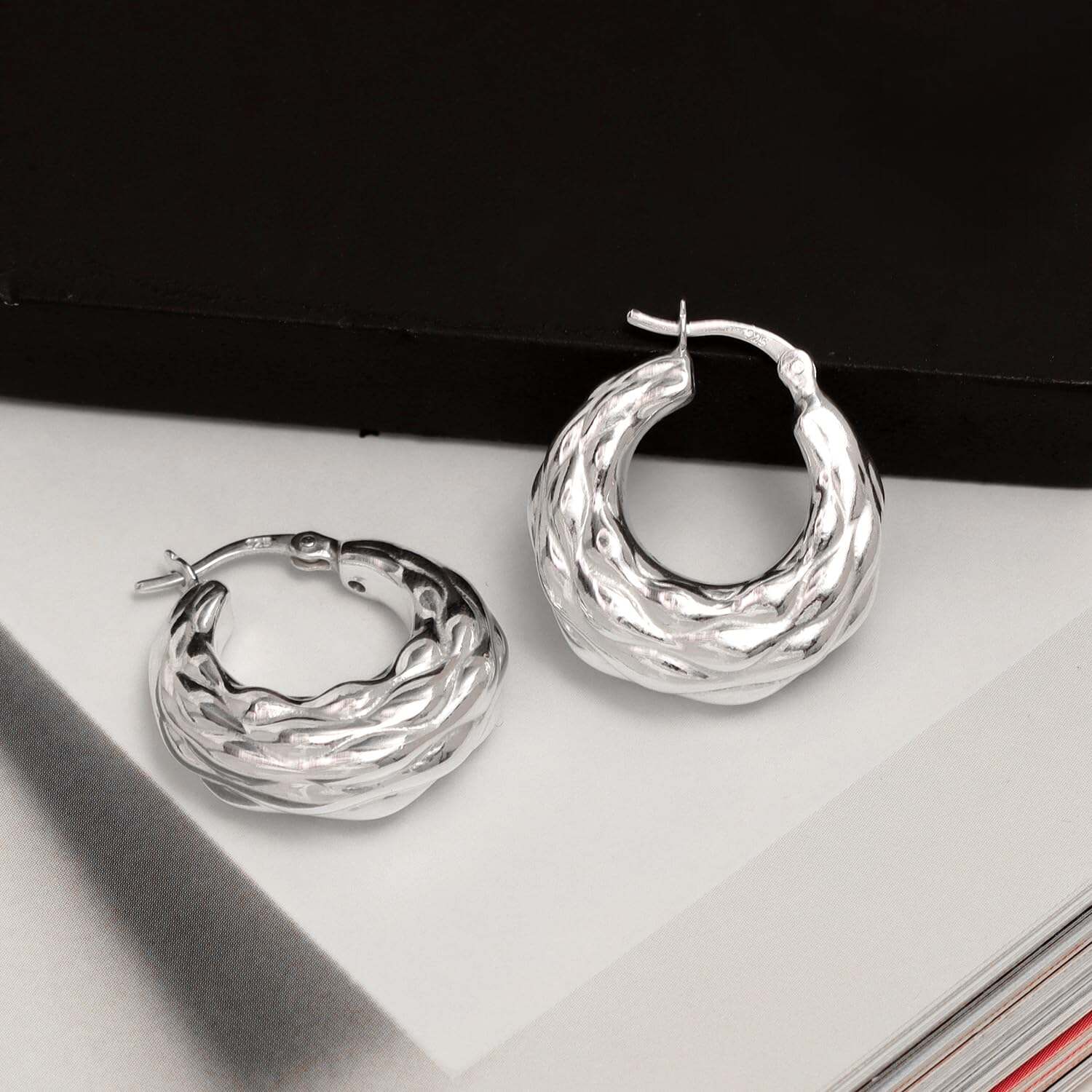 925 Sterling Silver Chunky Round Shrimp Textured Puff Click-Top Hoop Earrings for Women