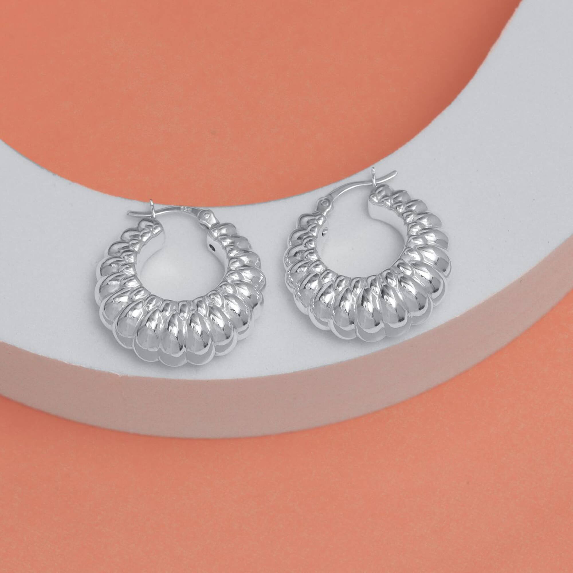 925 Sterling Silver Chunky Small Italian Design Shrimp Textured Click-Top Hoop Earrings for Women