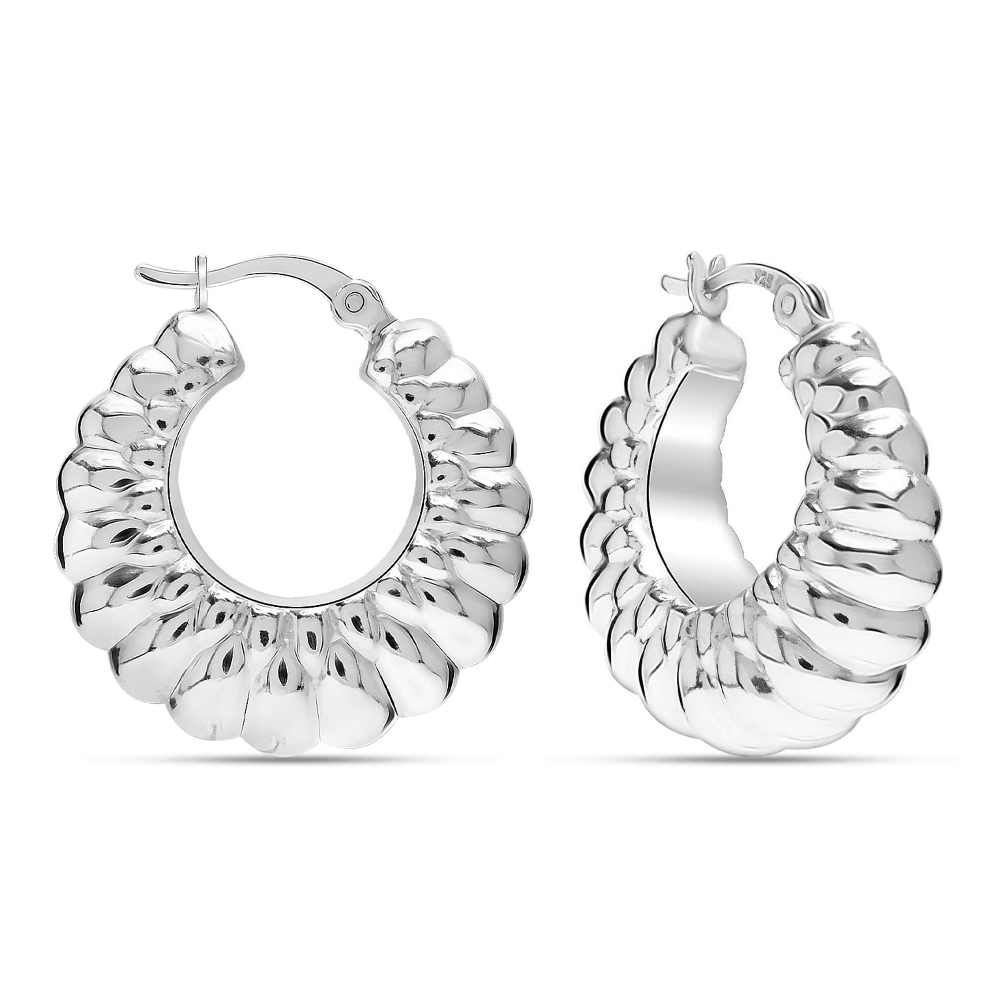 925 Sterling Silver Chunky Small Italian Design Shrimp Textured Click-Top Hoop Earrings for Women